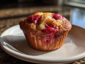 Close-up of a freshly baked sourdough strawberry muffin with bright red berries visible on top, sitting on a white plate.