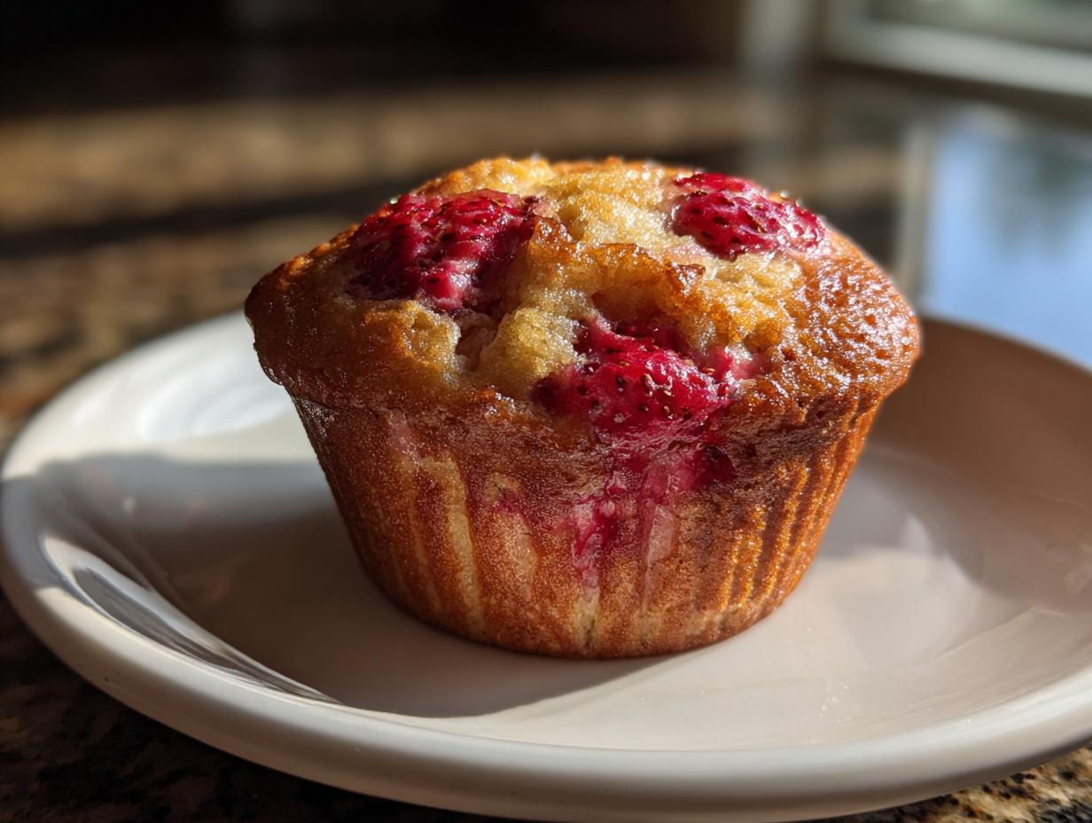 Close-up of a freshly baked sourdough strawberry muffin with bright red berries visible on top, sitting on a white plate.