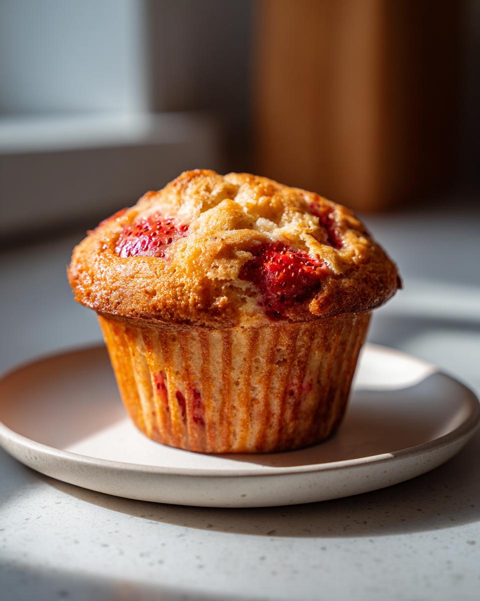 Close-up of a freshly baked sourdough strawberry muffin with a golden top and visible strawberry pieces.