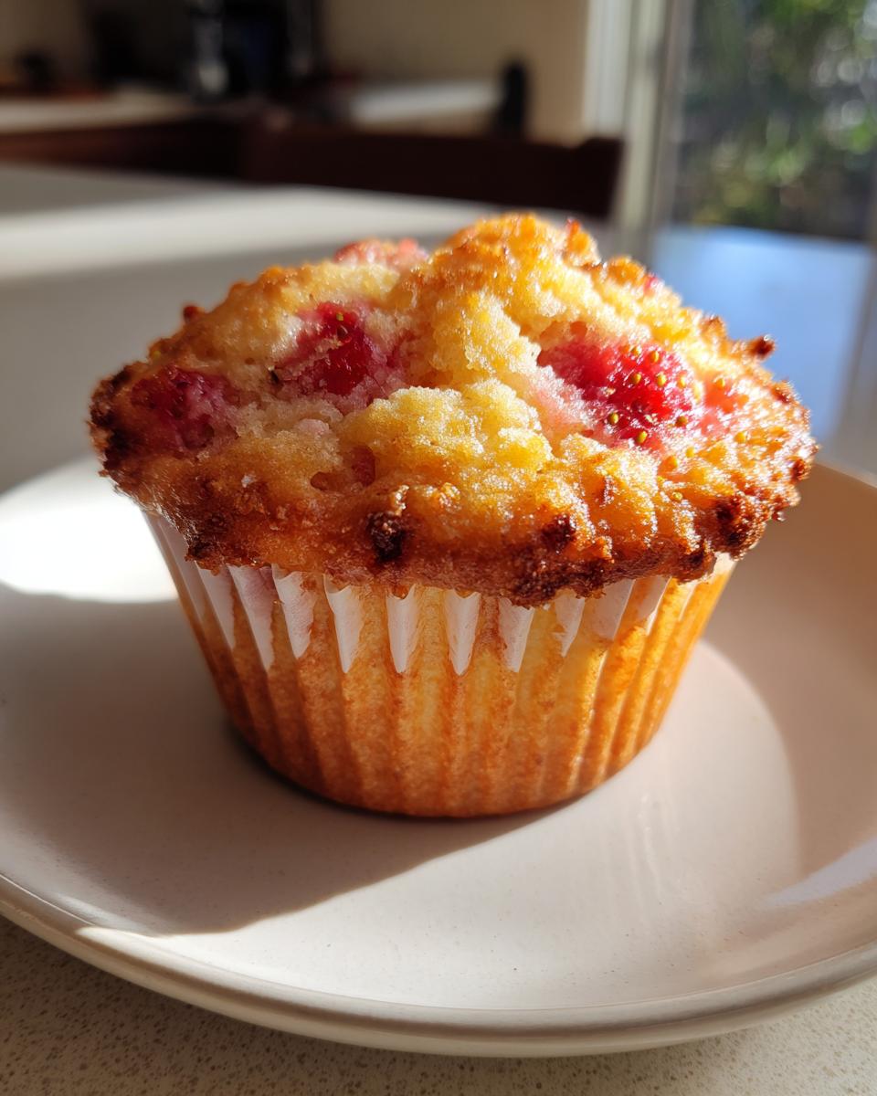 A close-up of a golden-brown sourdough strawberry muffin sitting on a light plate, illuminated by bright sunlight.