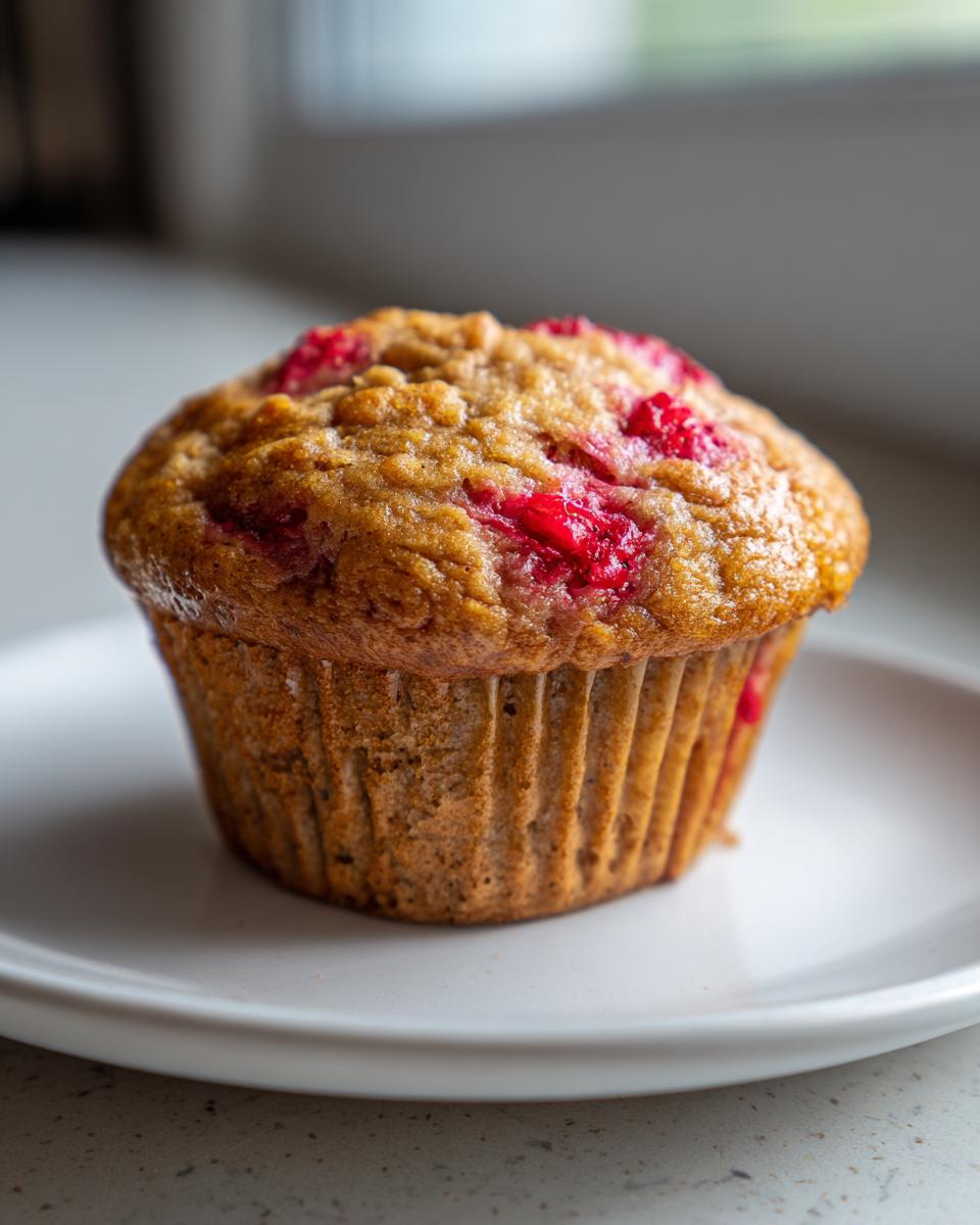 A single, freshly baked sourdough strawberry muffin with bright red fruit visible on top, sitting on a white plate.