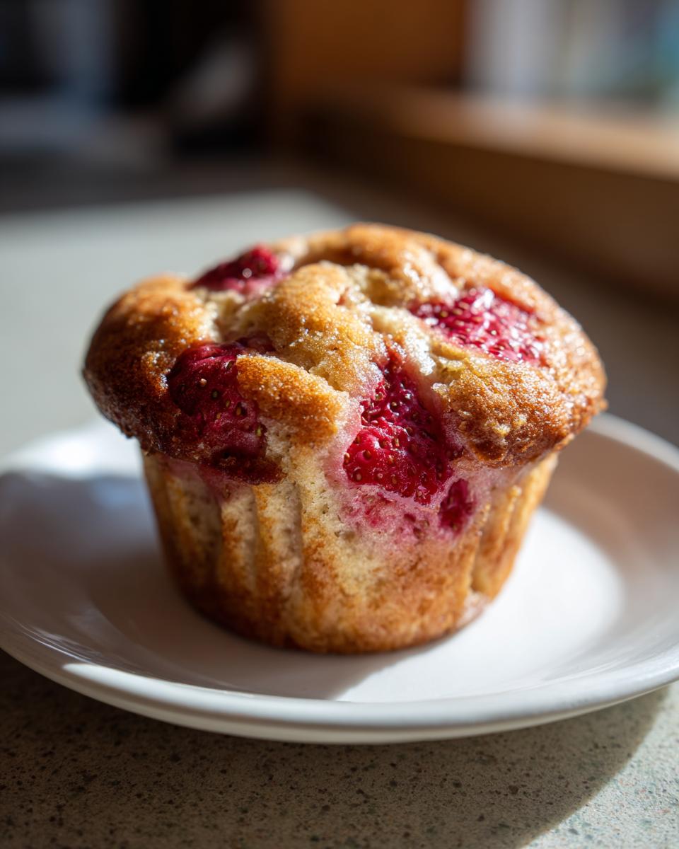 A single, golden-brown sourdough strawberry muffin sitting on a small white plate, highlighted by natural light.
