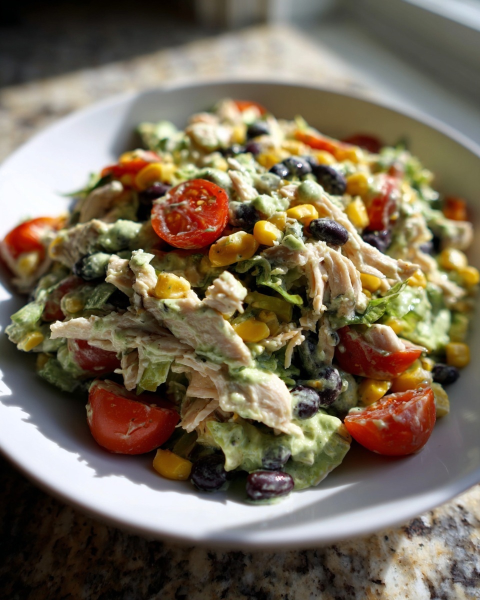 Close-up of a vibrant southwest chicken salad featuring shredded chicken, black beans, corn, and tomatoes.