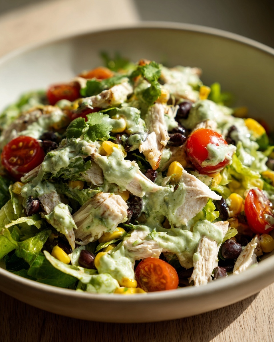 Close-up of a vibrant southwest chicken salad featuring shredded chicken, black beans, corn, tomatoes, and a creamy green dressing.