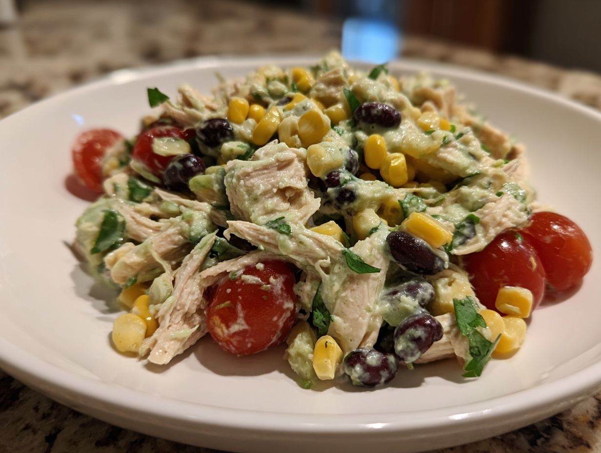A close-up of creamy southwest chicken salad mixed with corn, black beans, and cherry tomatoes on a white plate.