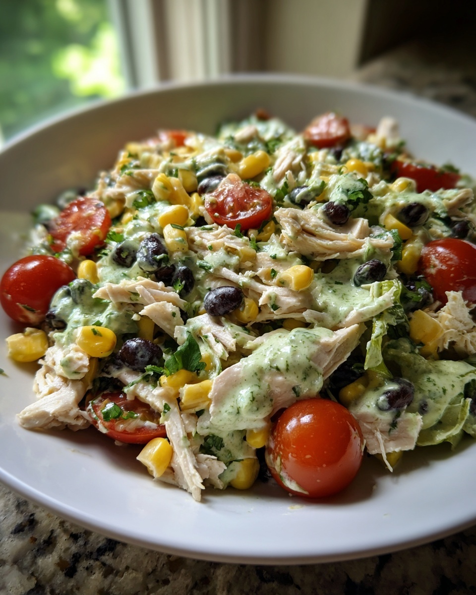 A bowl of vibrant southwest chicken salad featuring shredded chicken, black beans, corn, tomatoes, and creamy green dressing.