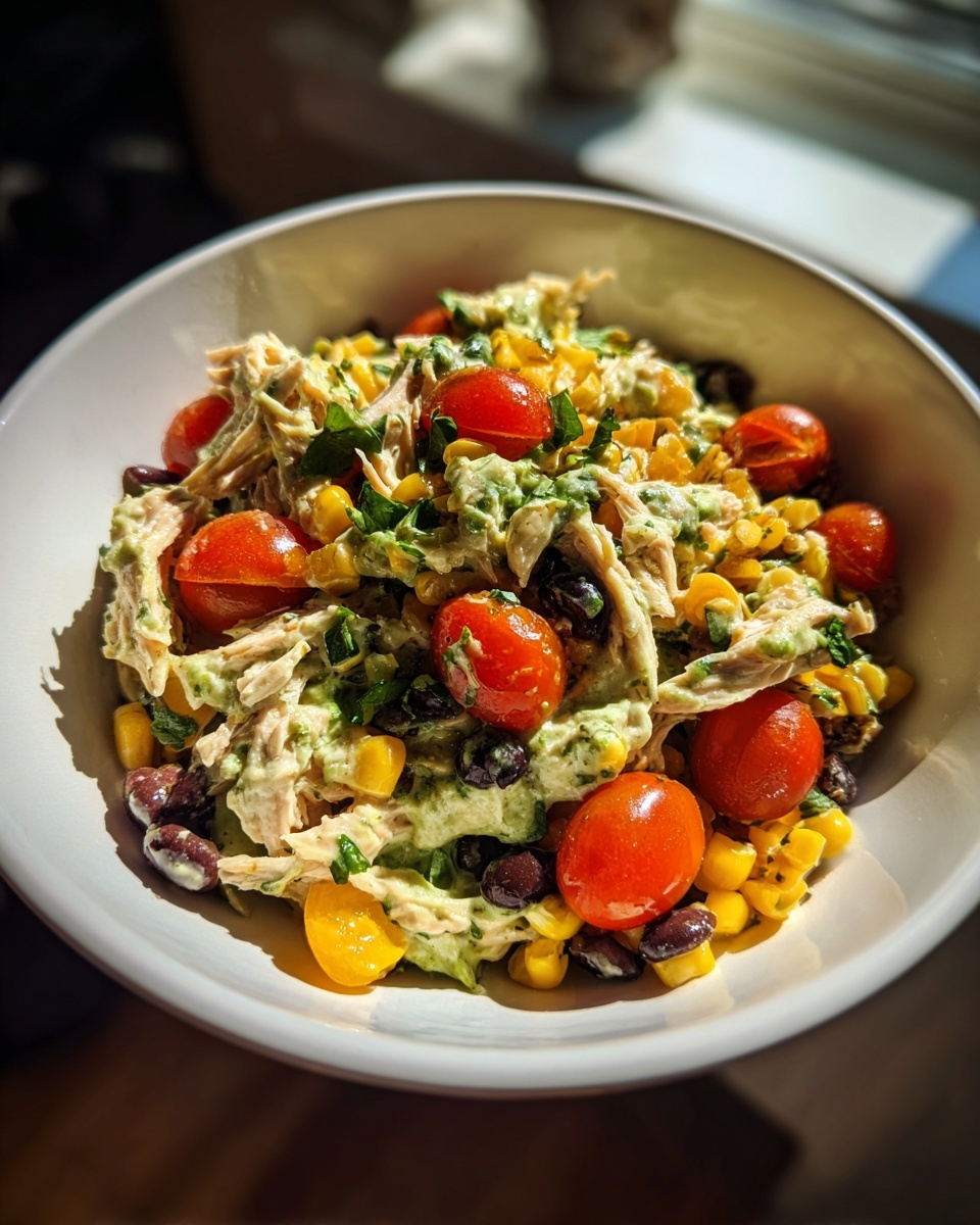 Close-up of a creamy southwest chicken salad featuring shredded chicken, black beans, corn, and cherry tomatoes.