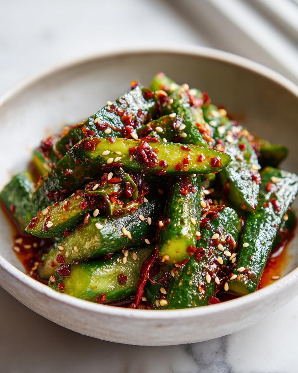 A bowl filled with vibrant green pieces of spicy asian cucumber salad coated in chili oil and white sesame seeds.