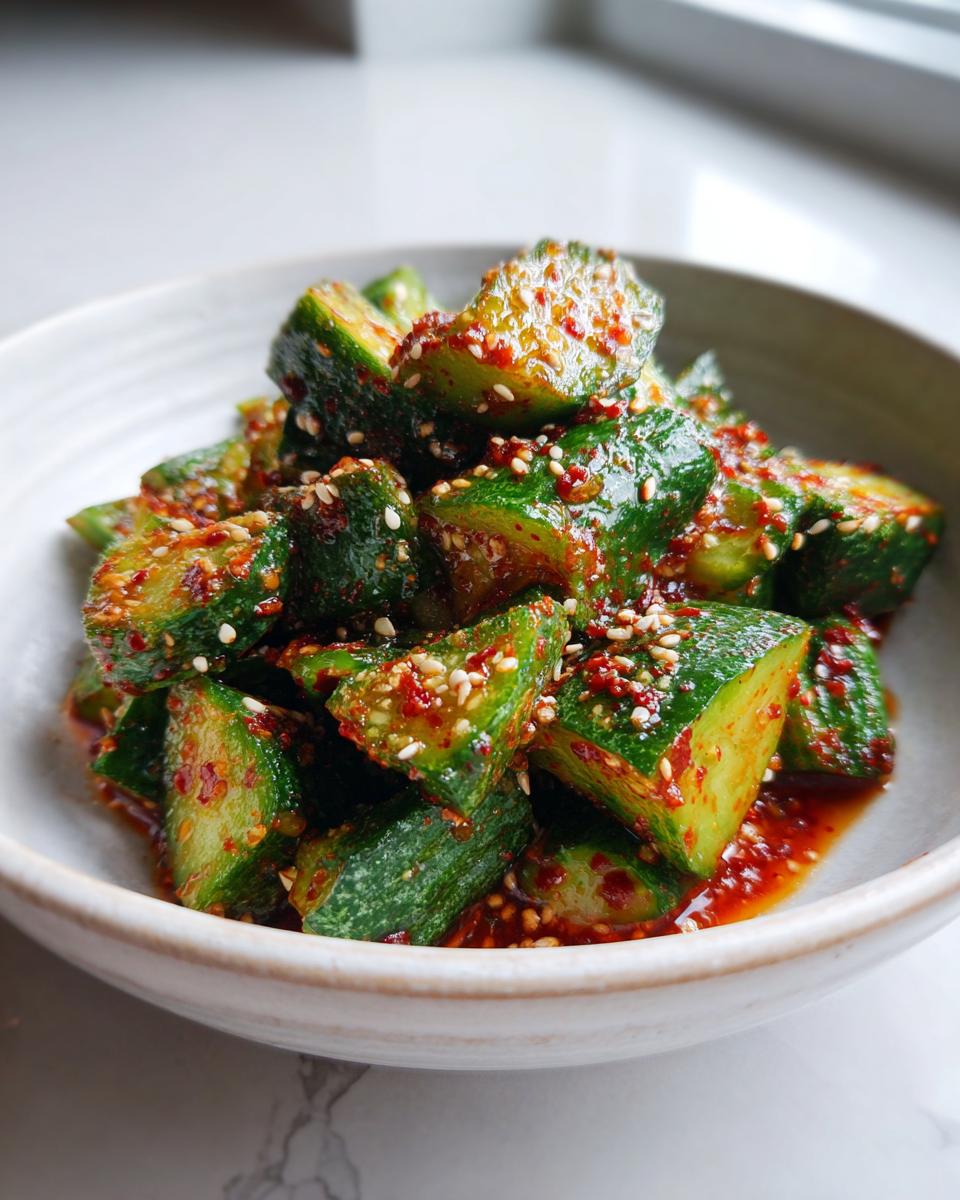 Close-up of vibrant green cucumber chunks coated in a spicy red chili sauce and sprinkled with sesame seeds, ready to eat as a spicy asian cucumber salad.