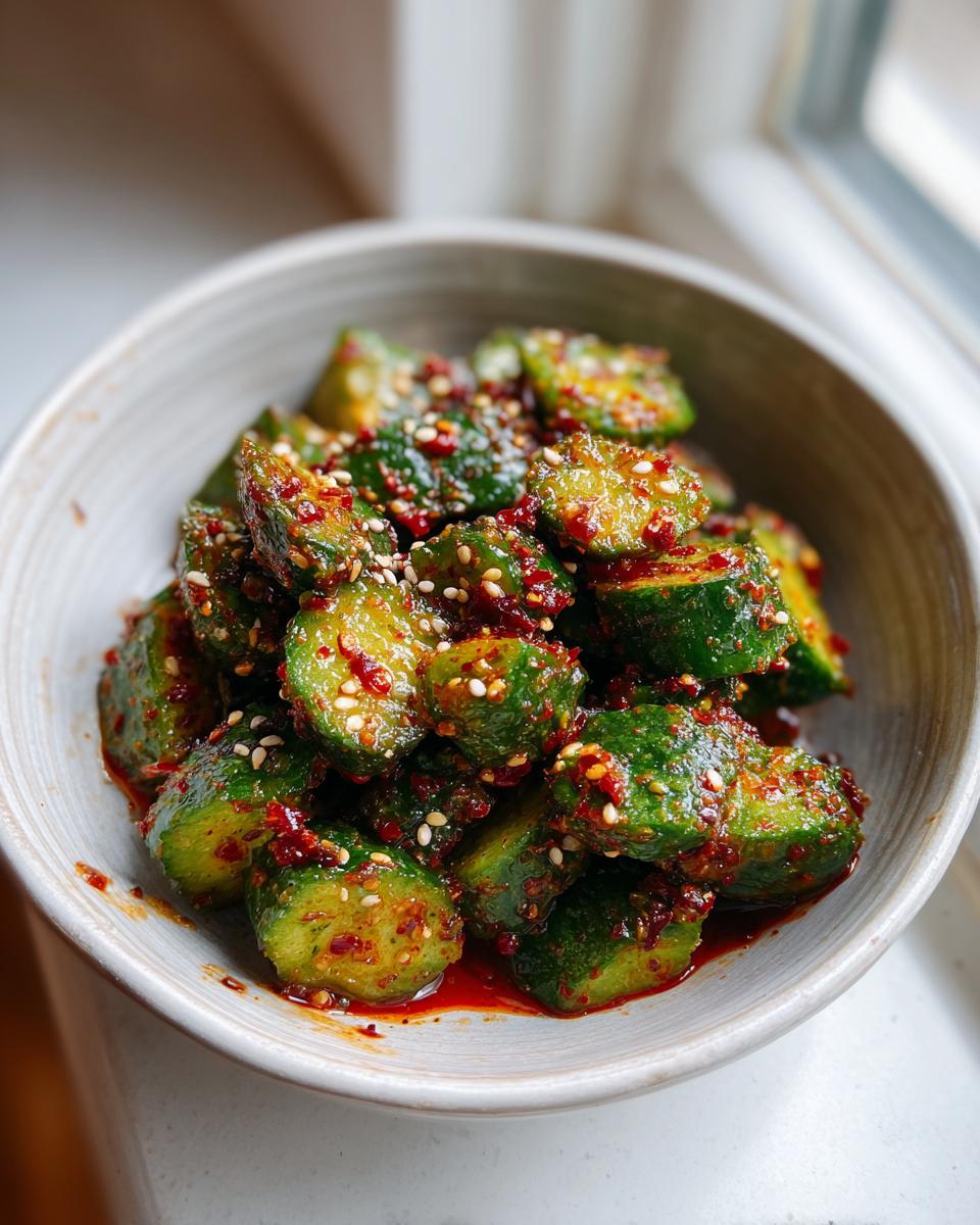 Close-up of vibrant green chunks of spicy asian cucumber salad tossed in chili oil and sesame seeds.