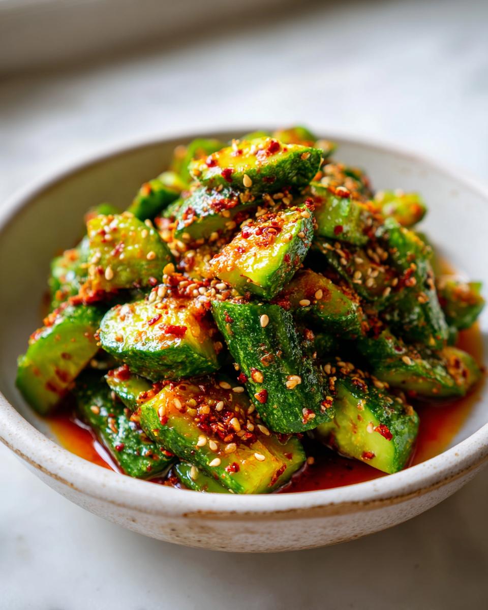 Close-up of a bowl filled with vibrant spicy asian cucumber salad, seasoned with chili flakes and sesame seeds.