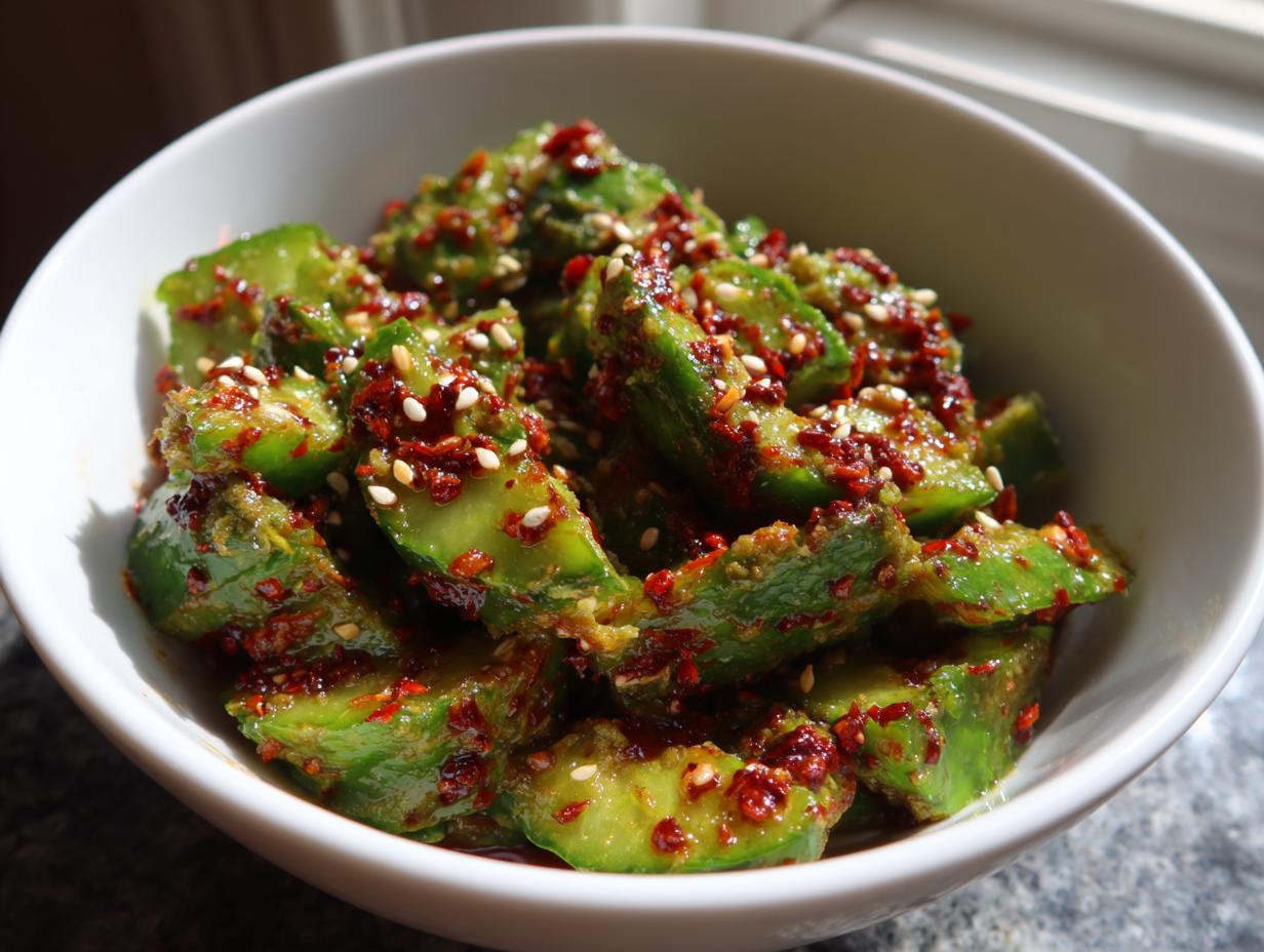 Close-up of smashed cucumbers coated in red chili flakes and sesame seeds, ready to serve as a spicy asian cucumber salad.