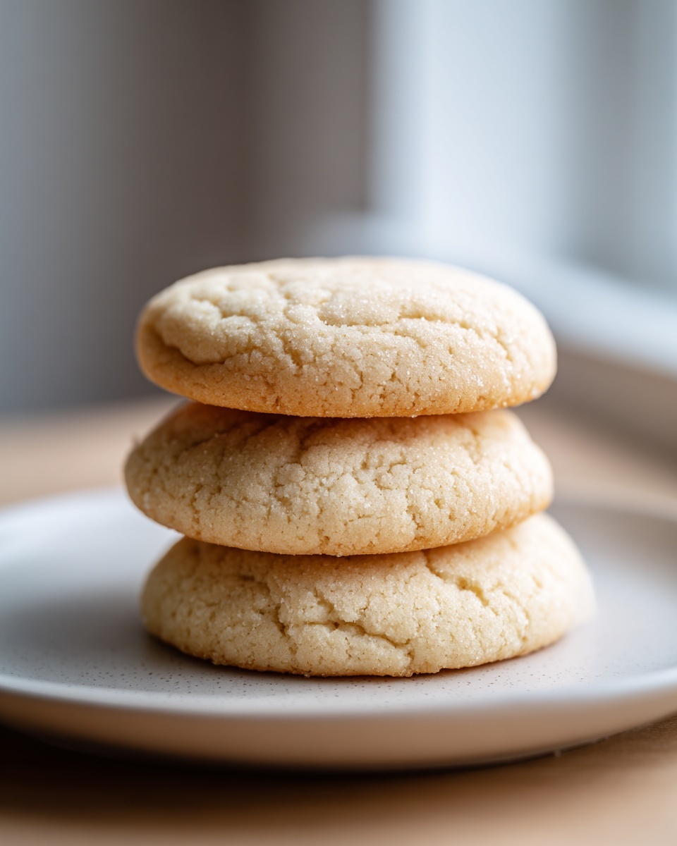 A stack of three perfectly baked, soft sugar cookies dusted with sugar, resting on a light speckled plate.