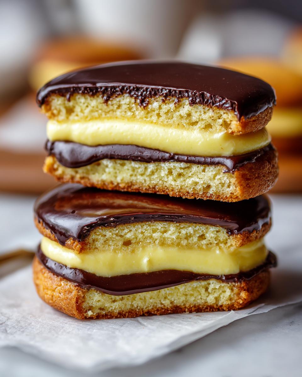 Two stacked boston cream pie cookies showing layers of cake, vanilla cream, and rich chocolate ganache.
