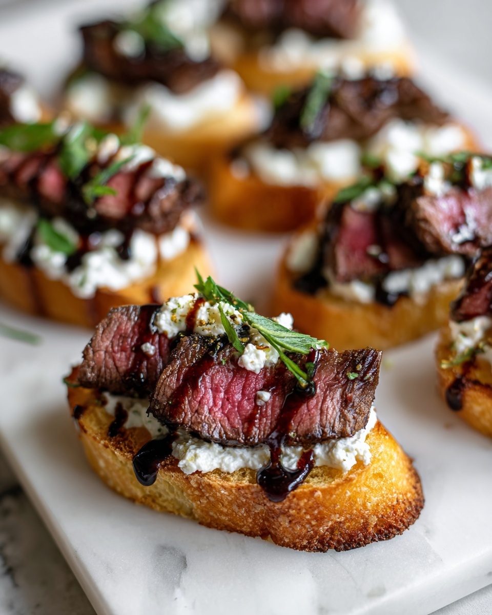 Close-up of a steak crostini featuring medium-rare steak slices over cheese on toasted bread, drizzled with balsamic glaze.