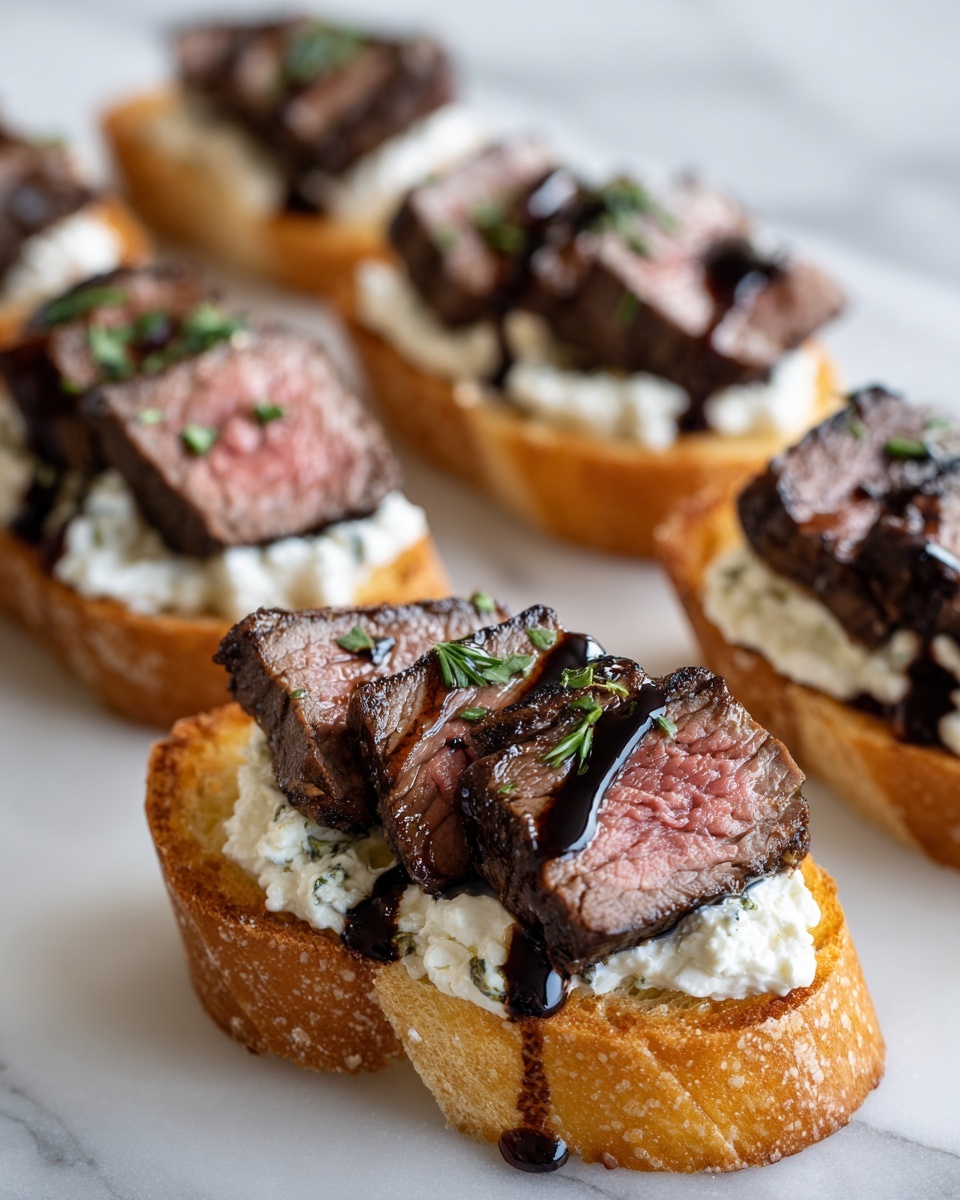 Close-up of perfectly cooked steak crostini topped with creamy cheese and drizzled with balsamic glaze.