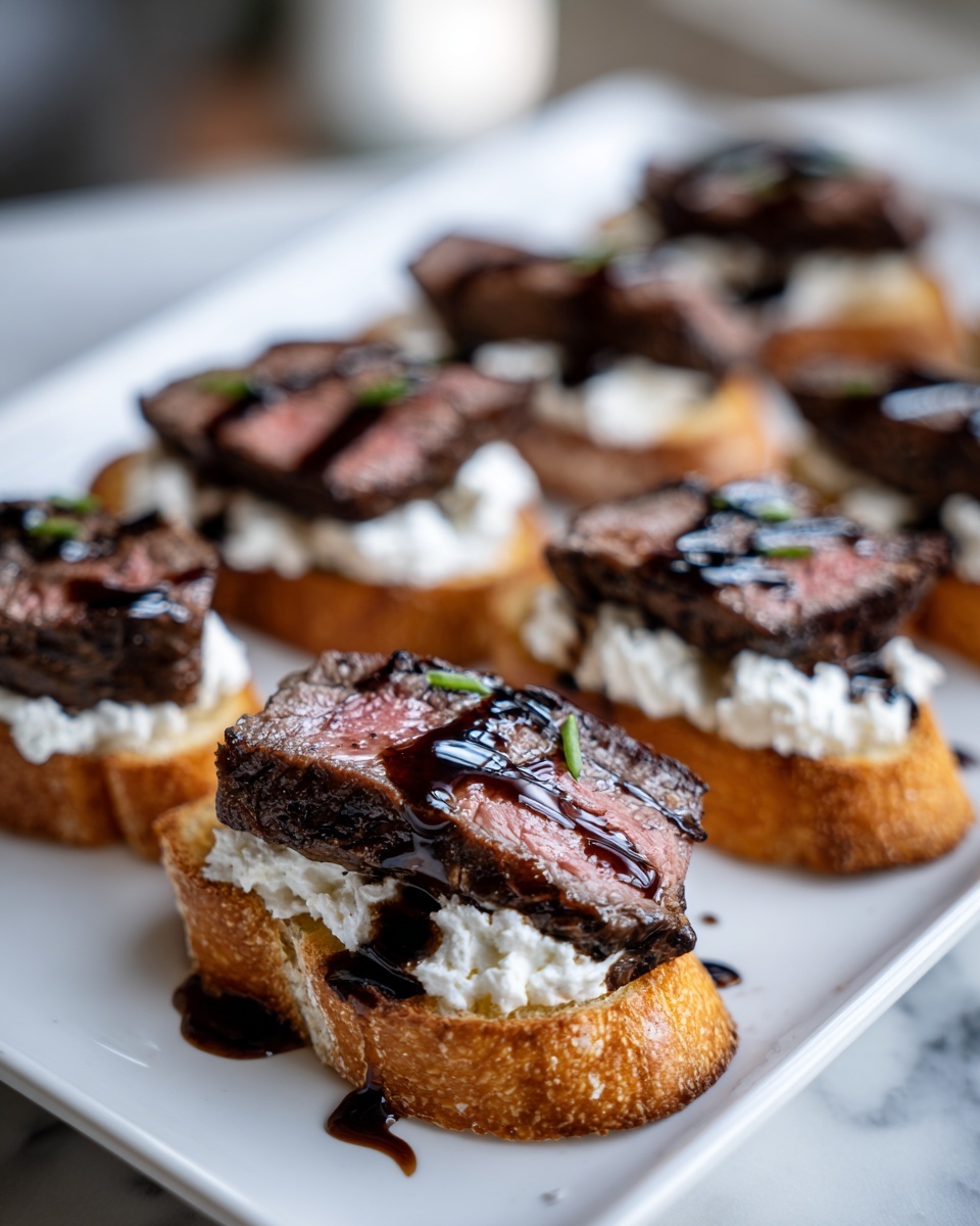 Close-up of perfectly cooked steak crostini topped with creamy cheese and drizzled with balsamic glaze.