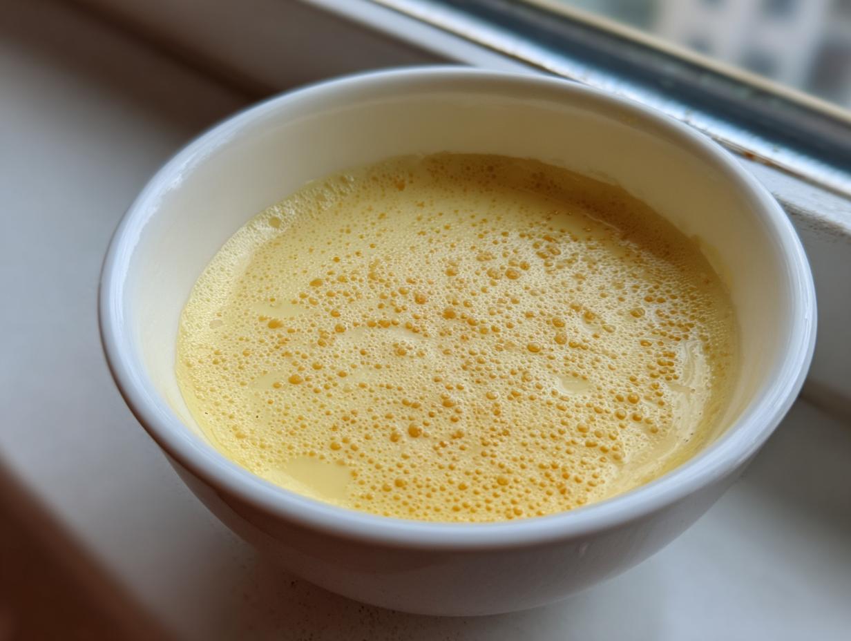 Close-up of smooth, yellow steamed egg custard with small bubbles on top, served in a white bowl.