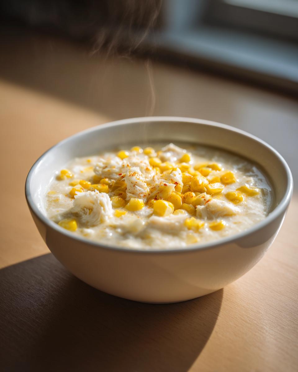 A steaming white bowl filled with creamy crab and corn soup, topped with fresh crab meat and paprika.