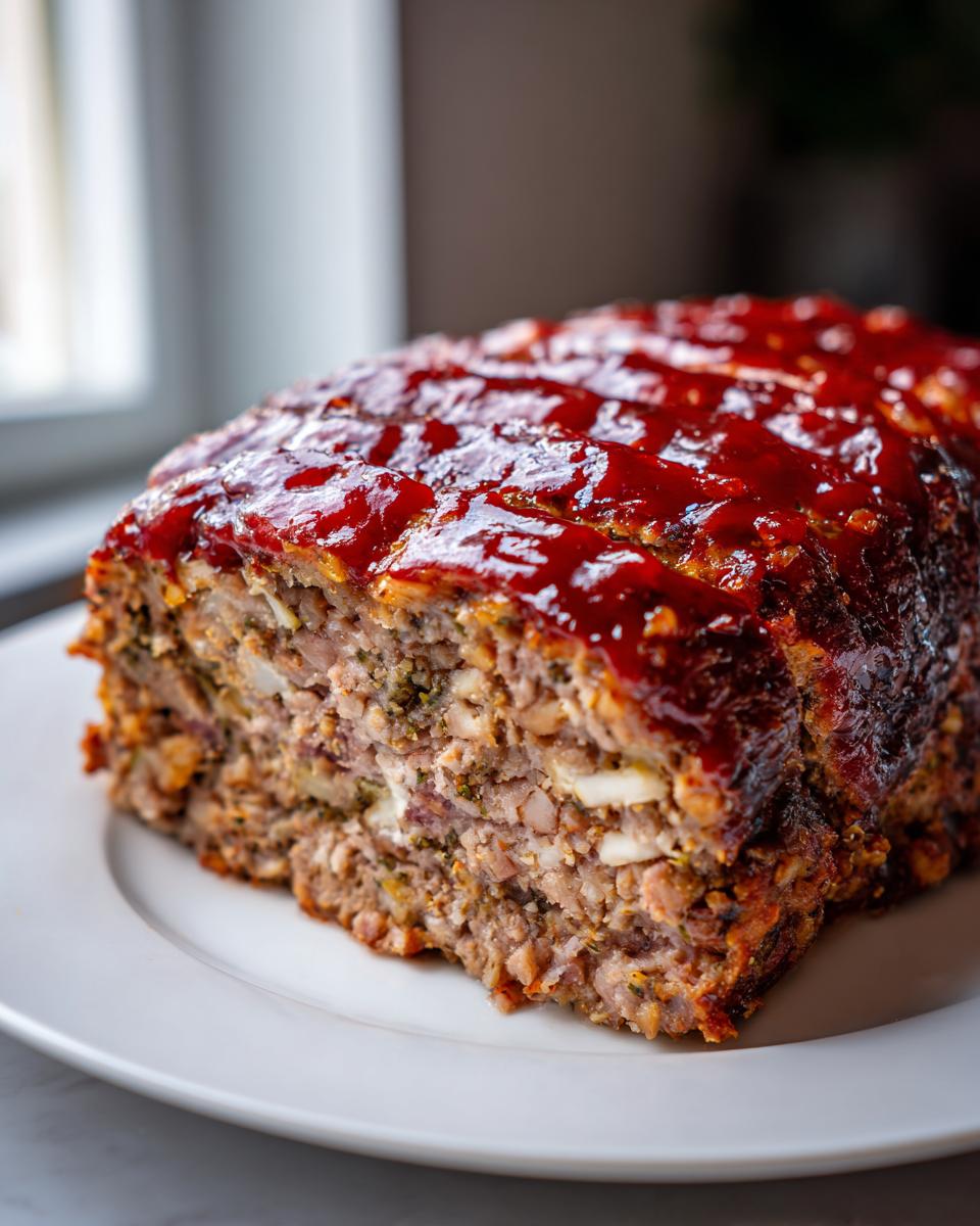 Close-up of a freshly baked stove top stuffing meatloaf topped with a thick, shiny red glaze.