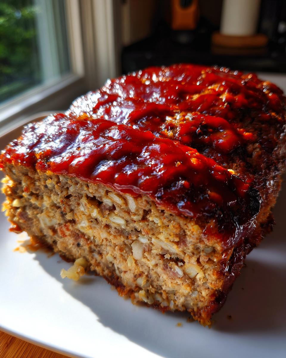 Cross-section of a glazed stove top stuffing meatloaf showing the texture and stuffing ingredients.