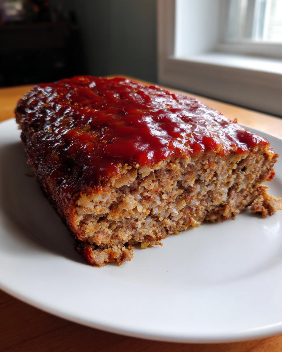 A slice of moist stove top stuffing meatloaf topped with a shiny red glaze, resting on a white plate.