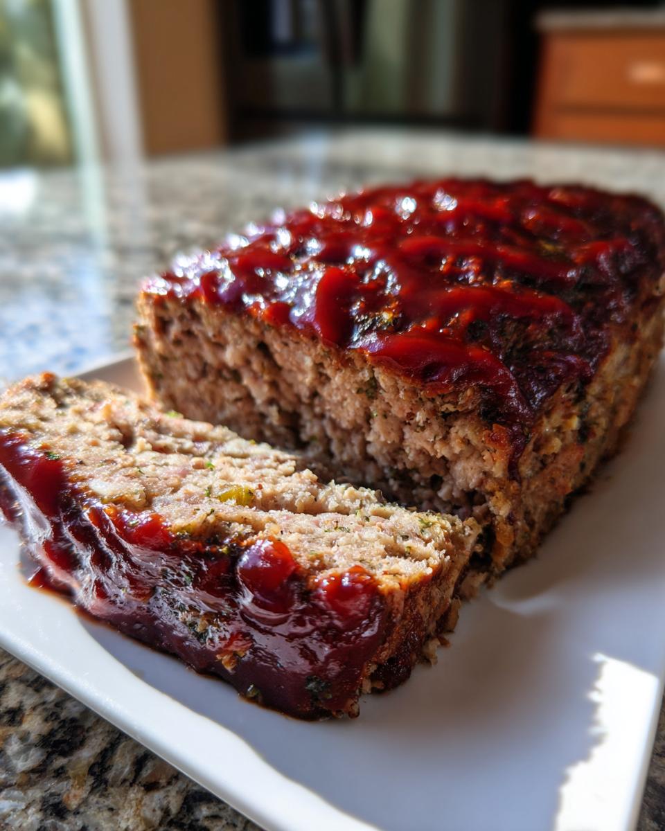 A slice cut from a moist stove top stuffing meatloaf covered in a shiny red glaze, served on a white plate.