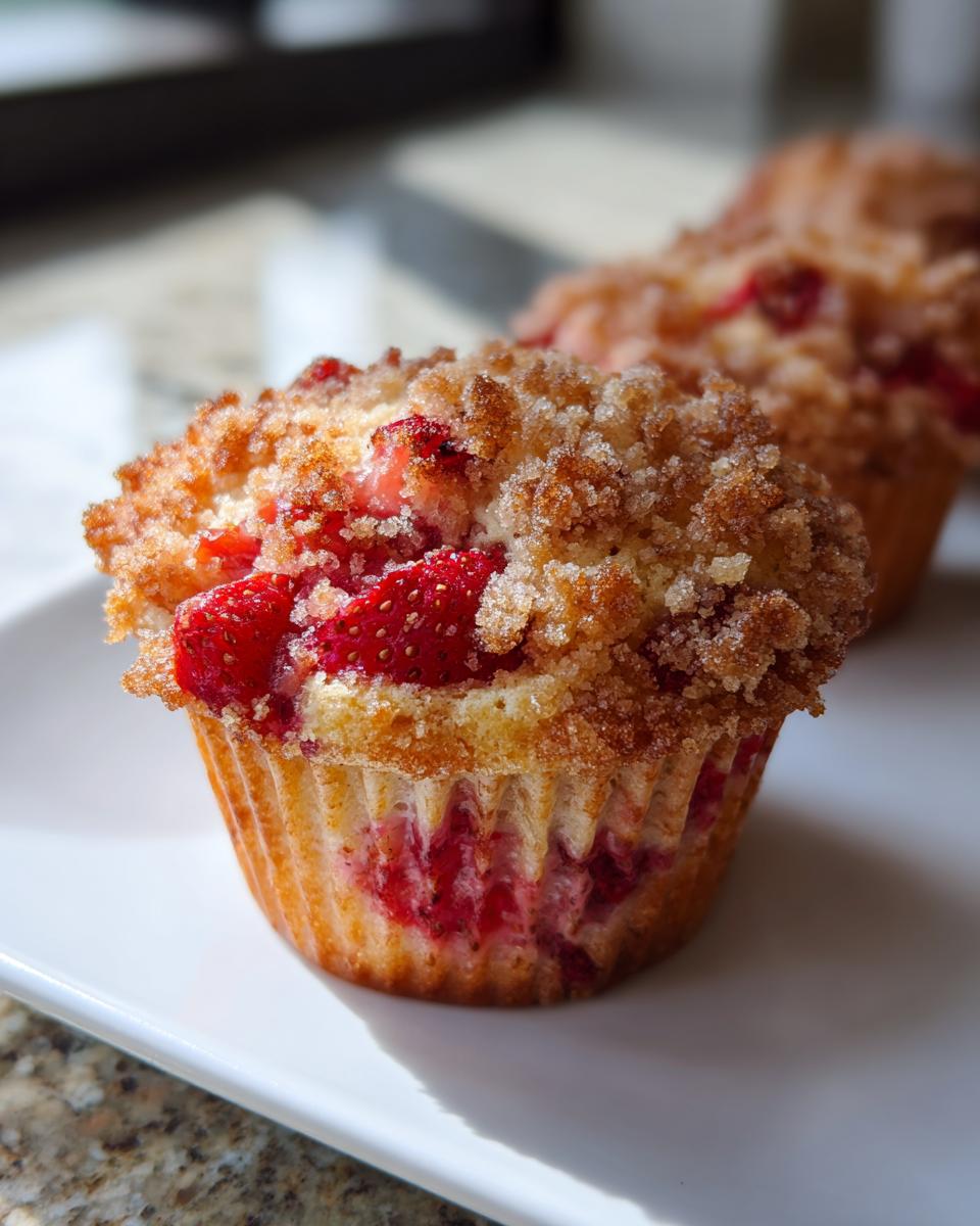 A close-up of a freshly baked strawberry muffin with a thick, sugary crumb topping, sitting on a white plate.