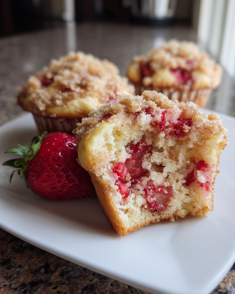 Close-up of a strawberry muffin with crumb topping cut in half, showing moist interior and fresh strawberries, next to a whole strawberry.