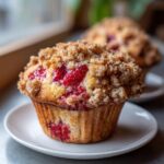 A close-up of a fresh strawberry muffin with a thick, sugary crumb topping, featuring visible pieces of bright red strawberry.