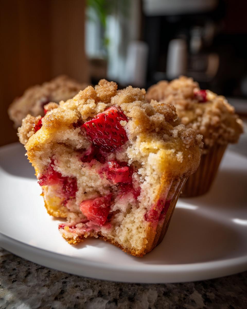 Close-up of a strawberry muffin with crumb topping cut in half, showing moist interior packed with fresh strawberries.