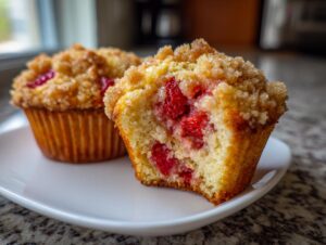 A close-up view of a strawberry muffin cut in half, showing fresh strawberries inside, topped with a sugary crumb topping.