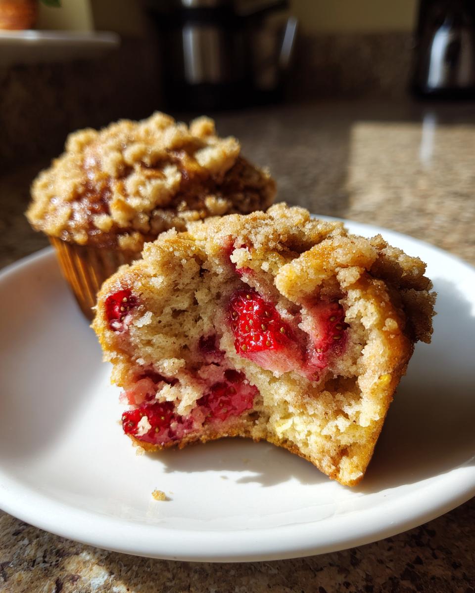 Close-up of a strawberry muffin with crumb topping cut in half, showing juicy strawberries inside.
