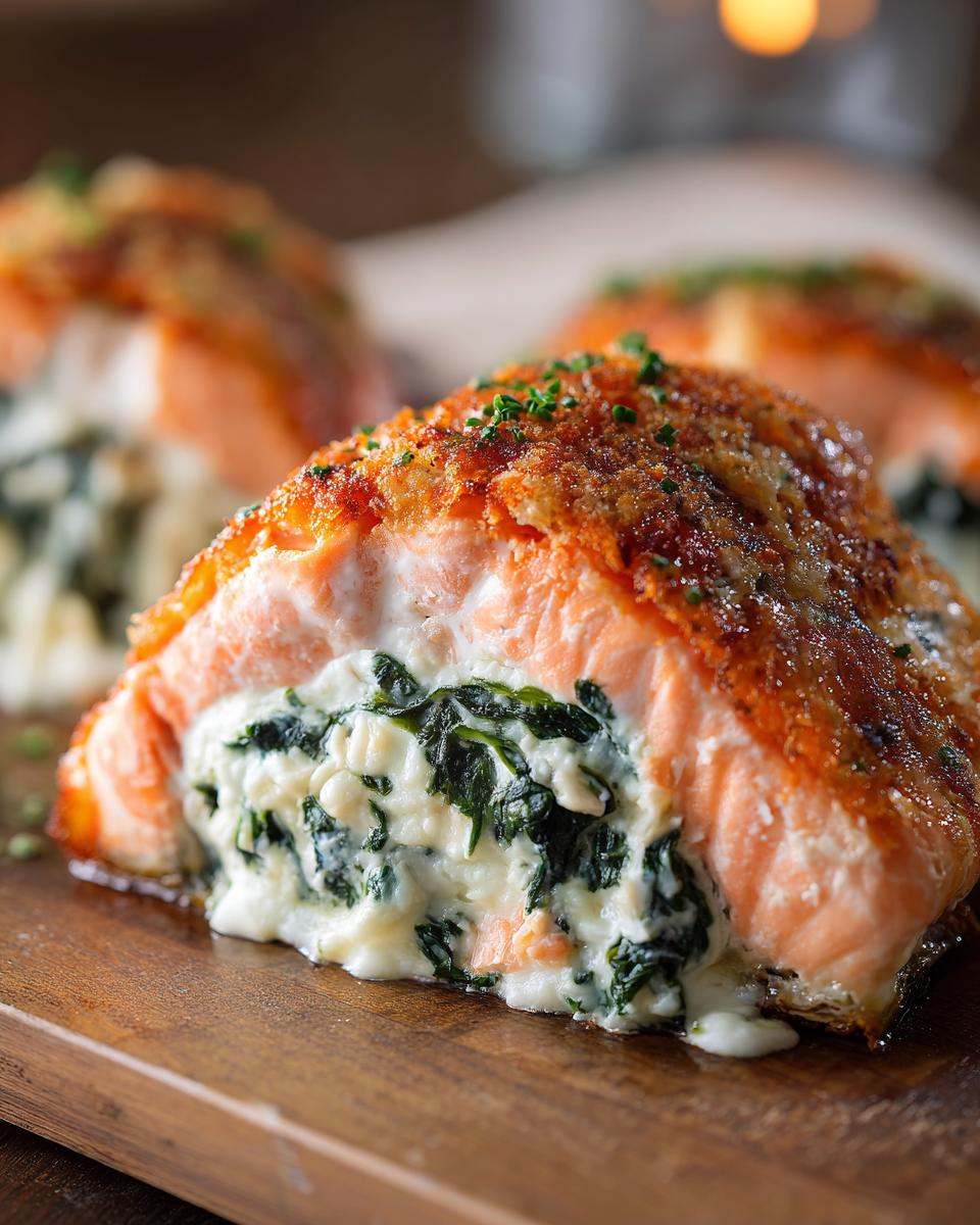 A close-up of a perfectly cooked stuffed salmon fillet, oozing with creamy spinach filling, ready to serve.