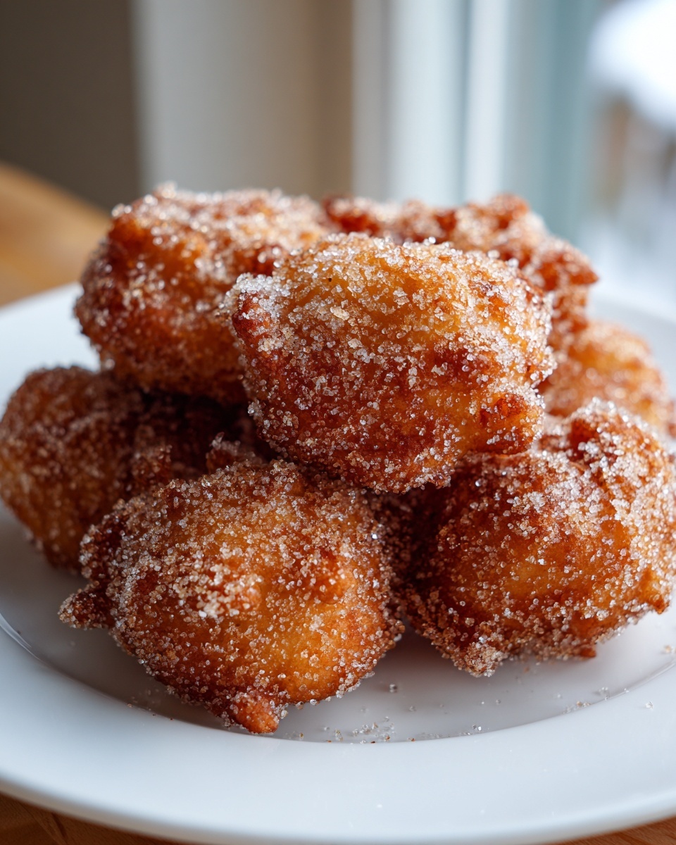 A close-up of several golden-brown, freshly fried buñuelos generously coated in sparkling sugar.