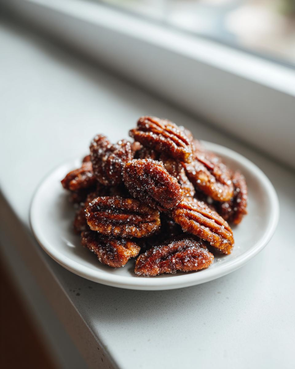A small white dish piled high with glistening, sugared candied pecans for salad, sitting on a light countertop near a window.