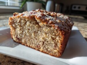 Close-up of a slice of sweet alabama pecan bread with a sugary glaze and pecans on top.