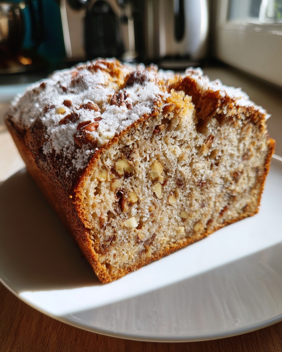 Cross-section of moist sweet Alabama pecan bread loaf topped with powdered sugar and visible pecans.