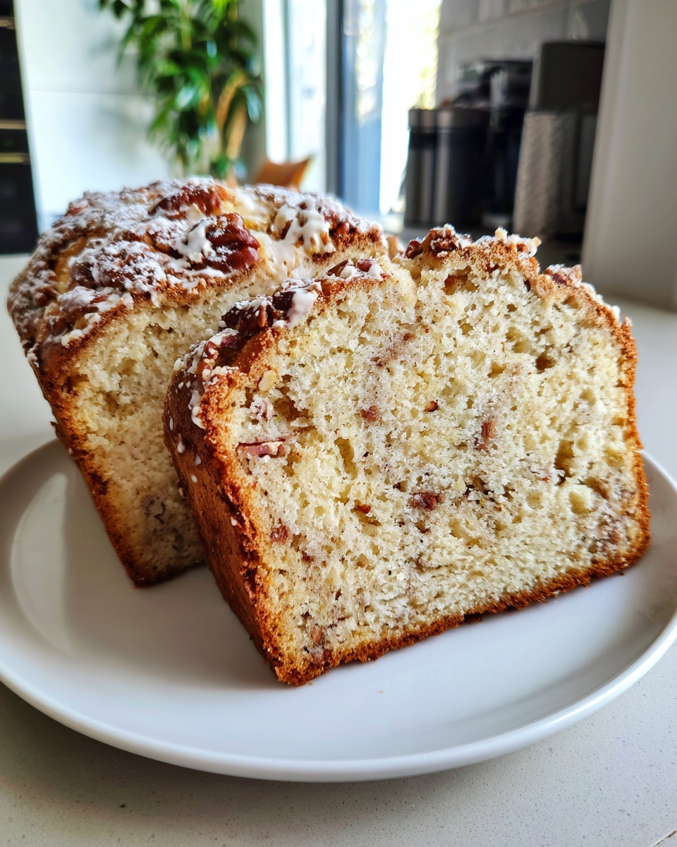Two slices of moist sweet alabama pecan bread with a light glaze and pecans on top, served on a white plate.