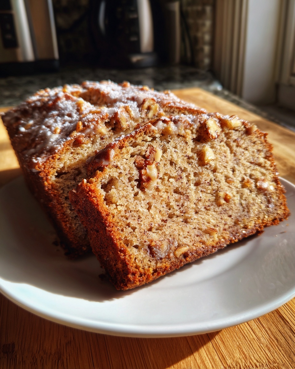 Two moist slices of Sweet Alabama Pecan Bread topped with pecans and powdered sugar glaze.
