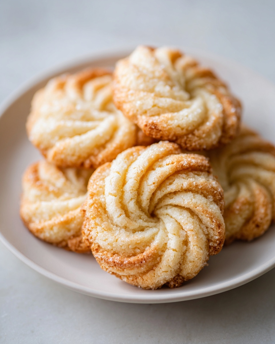 A stack of golden-brown, swirled italian butter cookies dusted with sugar on a light plate.