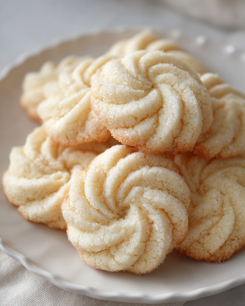 A pile of delicate, swirled italian butter cookies lightly dusted with sugar resting on a white plate.