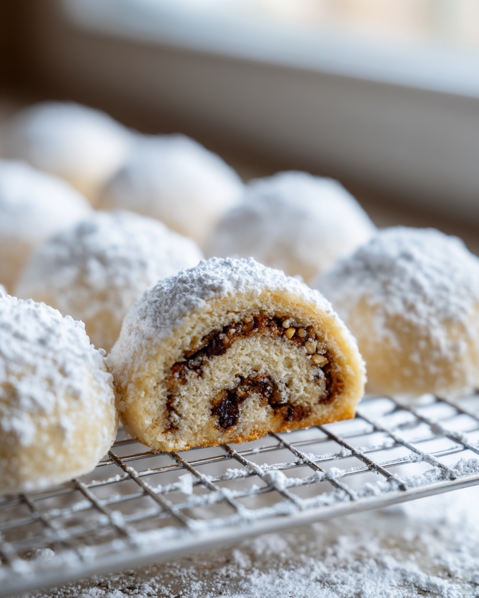 Close-up of a cut tasteful bites italian nut roll cookie showing the nut filling on a cooling rack.