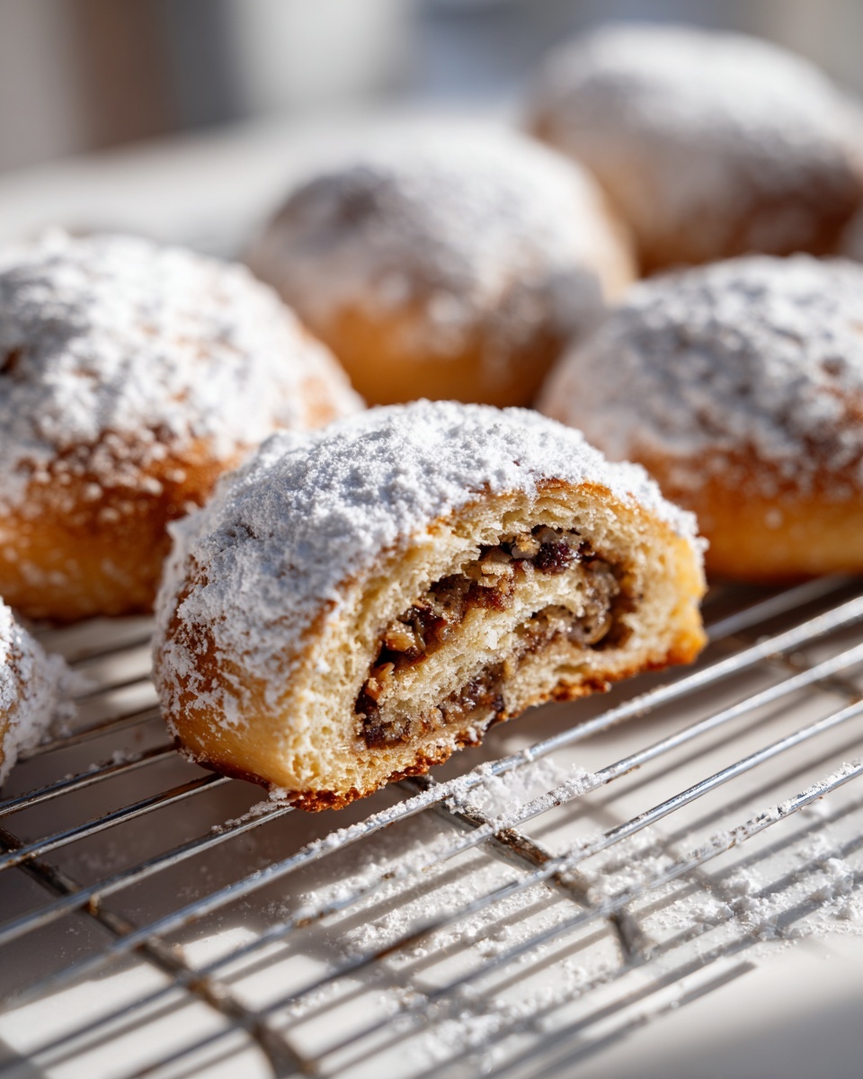 A cross-section of a tasteful bites italian nut roll cookie dusted with powdered sugar, showing the rich nut filling.