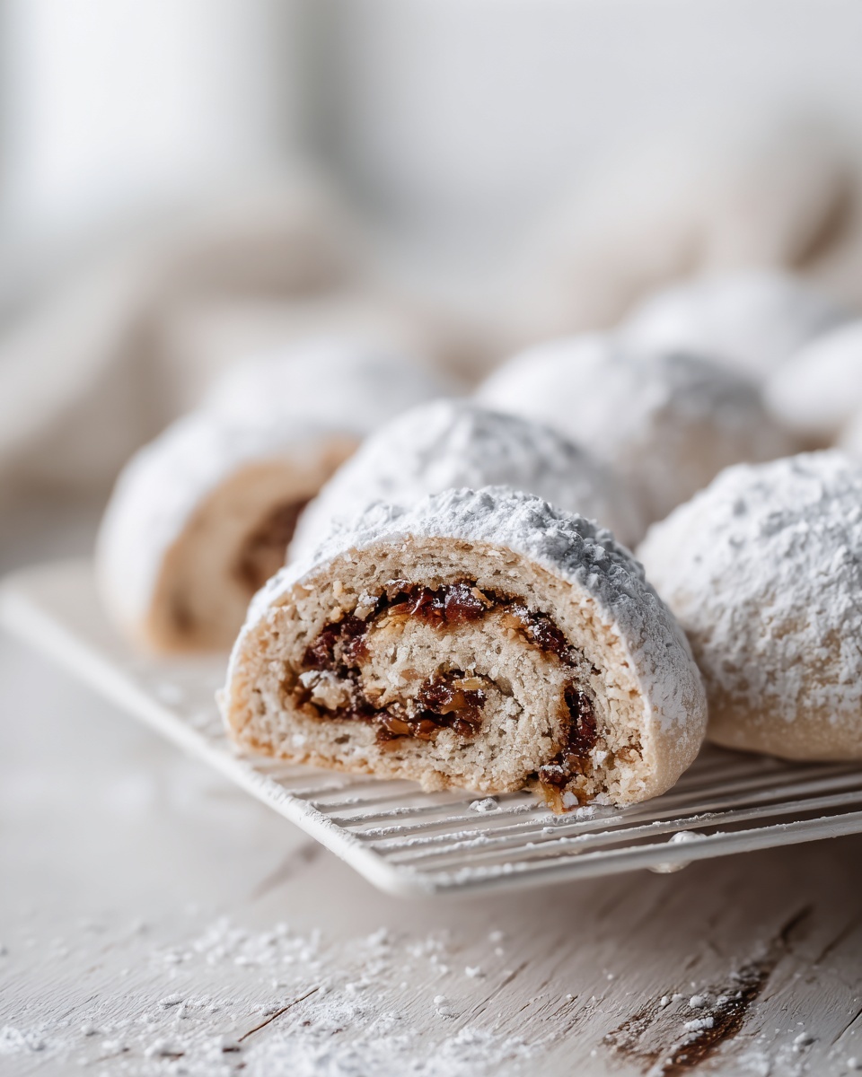 Close-up of a cross-section showing the swirl filling inside tasteful bites italian nut roll cookies dusted with powdered sugar.