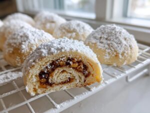 A cross-section view of one of the tasteful bites italian nut roll cookies showing the swirl of nut filling.
