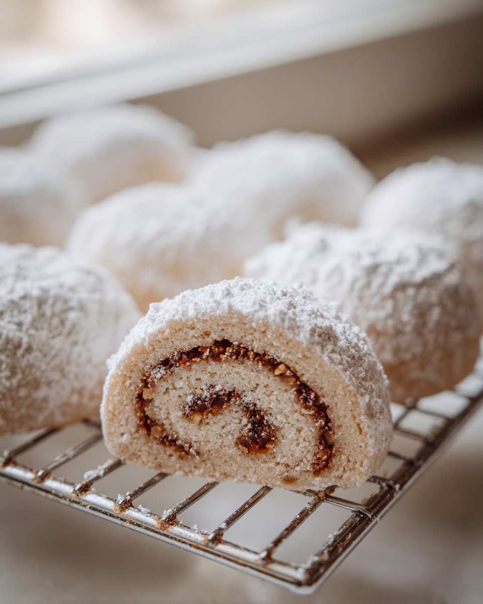 A close-up of a cut tasteful bites italian nut roll cookie showing the spiral nut filling, dusted with powdered sugar.