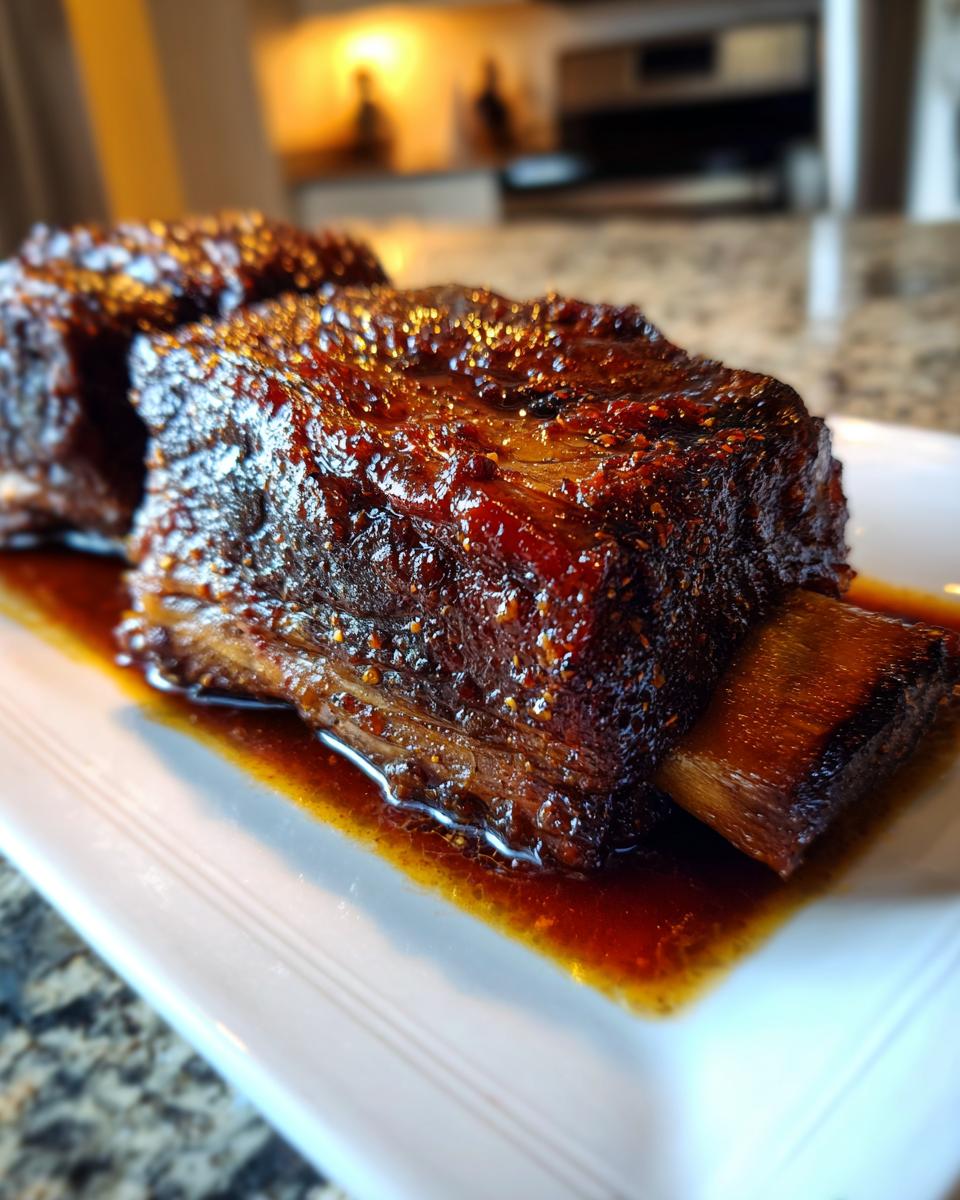 Two incredibly tender braised short ribs coated in a rich, dark glaze resting in sauce on a white plate.