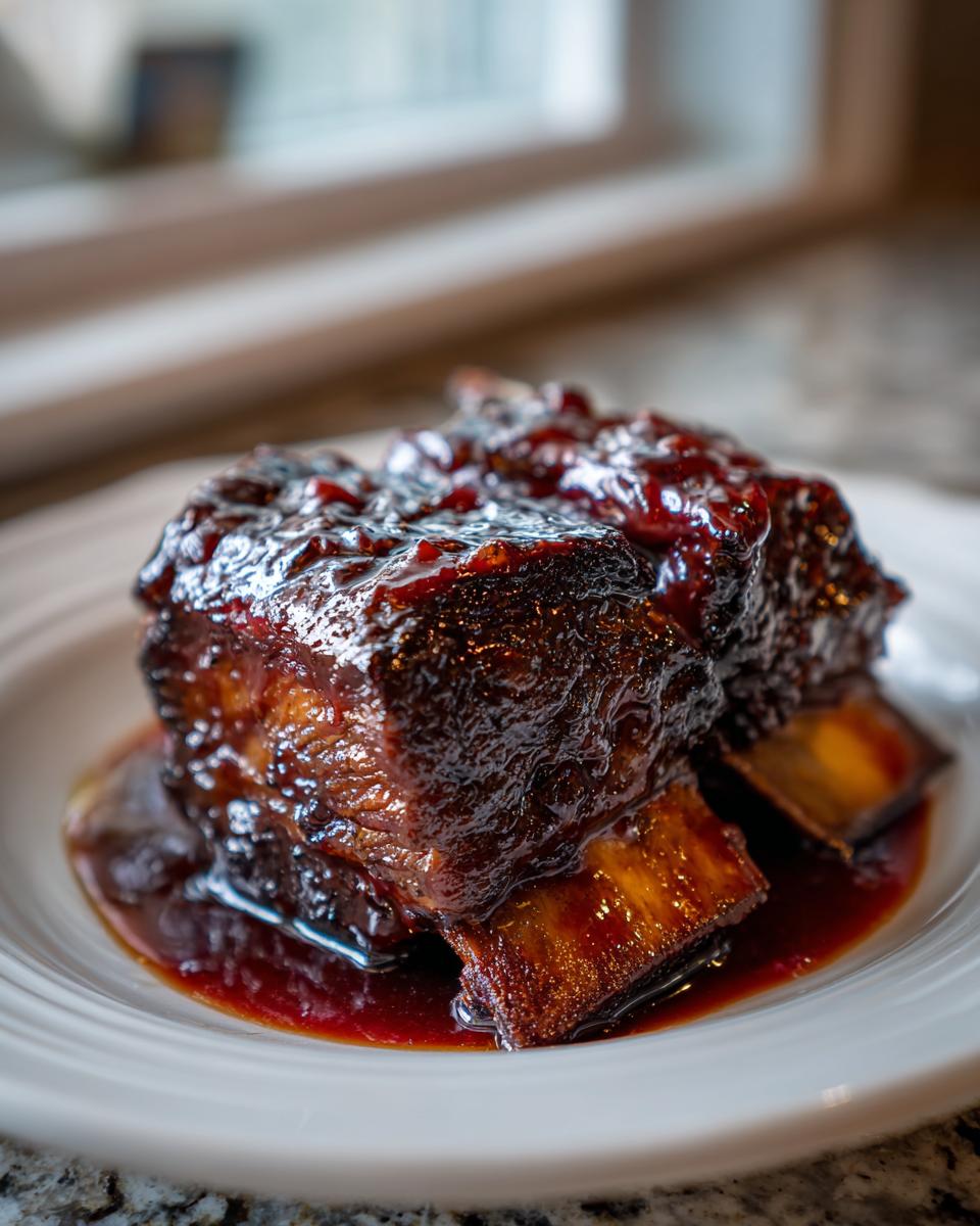 Close-up of tender braised short ribs stacked on a white plate, covered in a dark, glossy sauce.