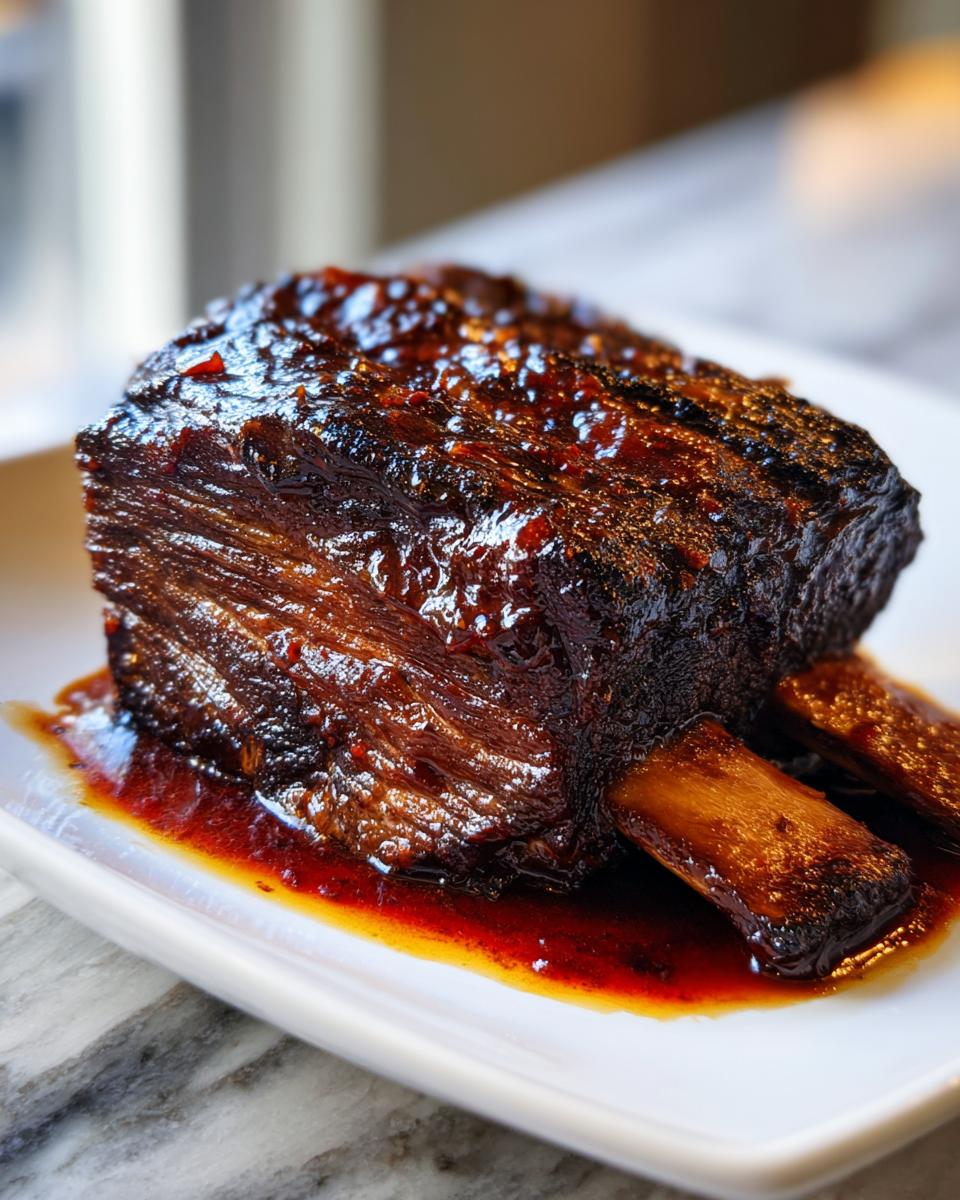 A single, thick piece of tender braised short ribs coated in a dark, glossy sauce, resting on a white plate.